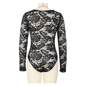 Detailed back view of sexy black lace bodysuit with floral embroidery and long sleeves
