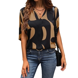 Women's V-neck short sleeve chiffon shirt with abstract black and brown geometric prints