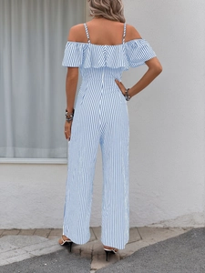 Vue arrière d'une combinaison femme à rayures bleues et blanches avec jambes larges et volants