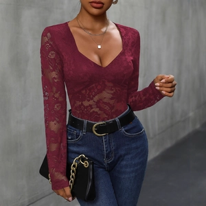 Women Sexy Floral Lace Bodysuit V-Neck Long Sleeve Slim Fit See-Through Leotard Patchwork Party Clubwear Fashion Jumpsuit Top