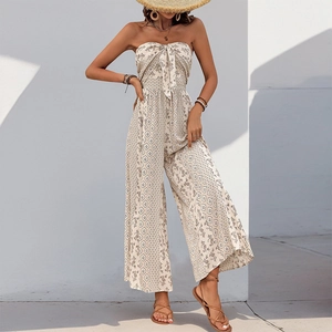 Women Bohemian Ethnic Print Jumpsuit Viscose Strapless Bandeau Wide Leg Summer Casual Vacation Smocked One Piece Romper