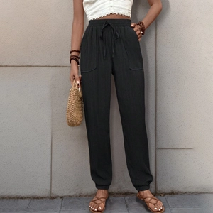 Pantaloni Jogger Casual da Donna a Vita Alta Texturizzati Tinta Unita Coulisse Tasche Pantaloni per Vacanze Estive Stile Boho