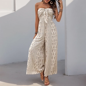 Ethnic print strapless jumpsuit with bow-knot tie and wide leg pants in beige and brown