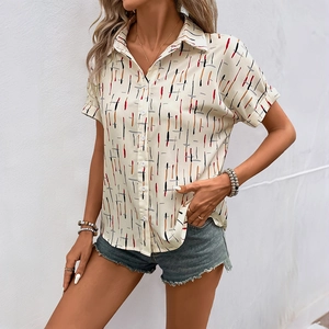 Women's short sleeve lapel shirt with artistic vertical color stripes on beige fabric