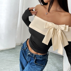 Off-shoulder long sleeve top with contrast bow detail and slim fit for women