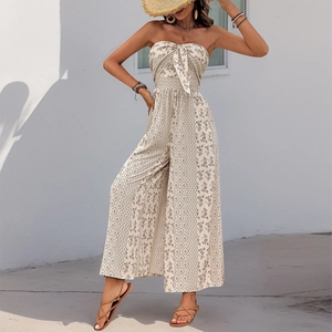 Bohemian floral strapless wide leg jumpsuit with front tie knot and ethnic print pattern
