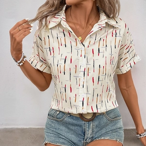 Women summer contrast color short sleeve shirt with geometric line print and lapel collar