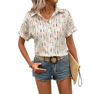 Women's short sleeve shirt with colorful abstract vertical lines and lapel collar