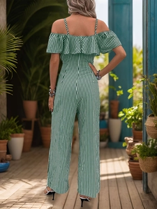 Détail du dos de la combinaison à rayures vertes et blanches avec jambes larges