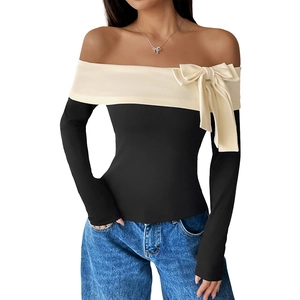 Off-shoulder long sleeve top with contrast bow detail and slim fit design for women
