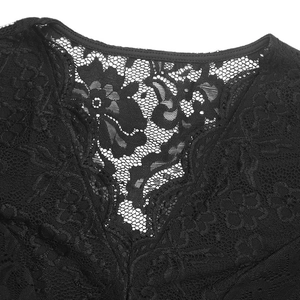 Close-up of the delicate floral lace stitching and V-neckline on the black bodysuit
