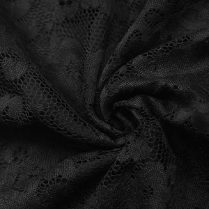 Detailed close-up of intricate black floral lace pattern with semi-transparent mesh fabric