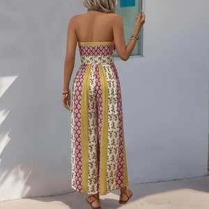 Back view of bohemian strapless jumpsuit with ethnic patterns and wide leg fit