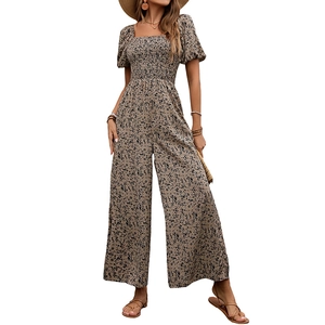 Floral square neck jumpsuit with puff sleeves and wide leg silhouette for summer leisure