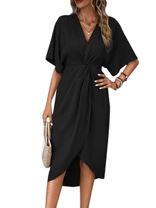 Elegant black V-neck midi dress with waist twist detail and flutter sleeves for women