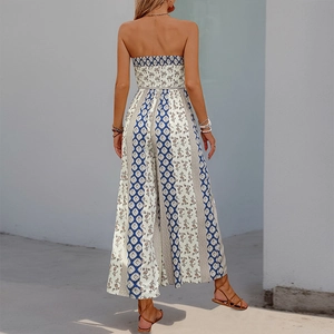 Back view of bohemian print strapless jumpsuit with tie-knot and ethnic geometric patterns