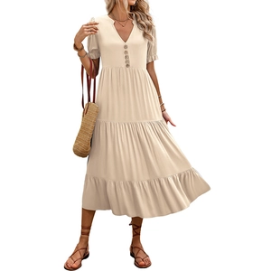 Chic beige tiered maxi dress with V-neck and puff sleeves for casual summer vacation style