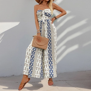 Detail of bohemian strapless jumpsuit with ethnic prints and front knot tie detail