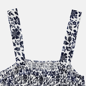 Detail of smocking texture and wide straps on blue floral print cotton summer dress