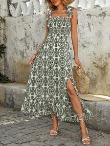 Detail view of boho maxi dress featuring shoulder ties and high side slit detail