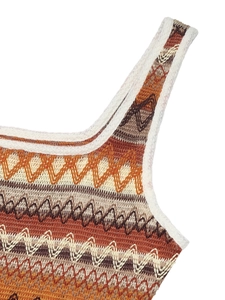 Detail of zigzag geometric knit pattern on a sleeveless dress with white trim