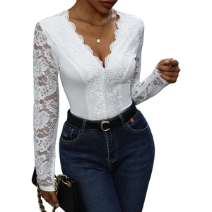White lace long sleeve bodysuit with deep V-neckline and elegant slim fit for women
