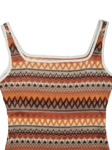 Detail of bohemian knit tank top showing intricate geometric crochet and wavy stripes