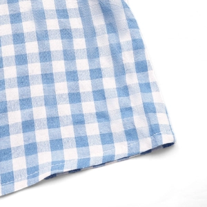 Close-up of blue and white gingham fabric showing detailed stitching and cotton texture