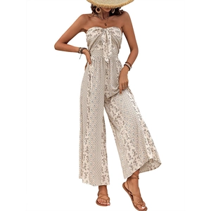 Ethnic print strapless jumpsuit with bow-knot tie and wide-leg summer silhouette