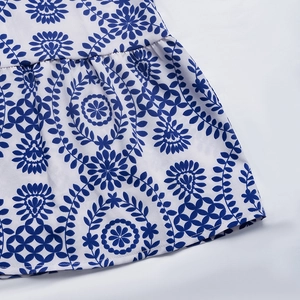 Close-up of blue mandala print fabric with detailed pleats on a summer midi dress