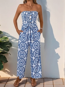 Combinaison bustier à imprimé bleu avec ceinture et jambes larges pour l'été