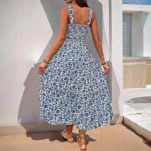 Summer bohemian backless floral maxi dress with smocked back and tiered A-line skirt