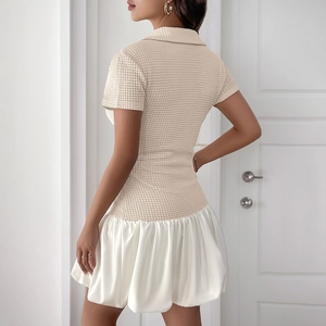 Short sleeve polo dress with waffle knit bodice and white satin bubble skirt hem