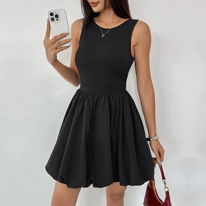 Women Sexy Backless Sleeveless Patchwork Bubble Hem Mini Dress Ribbed Knit Top Balloon Skirt Summer Party Clubwear Black