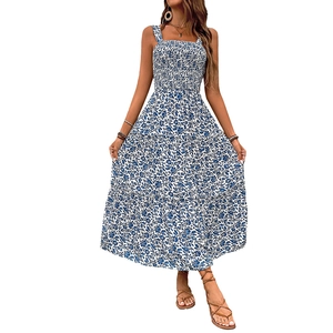 Summer blue floral smocked tiered maxi dress with bohemian spaghetti straps