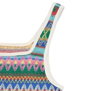 Détail de la robe en crochet coloré montrant les motifs de vagues et les coutures