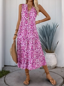 Close-up of sleeveless V-neck dress featuring purple baroque floral print and front buttons