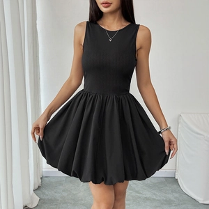 Elegant black sleeveless bubble hem mini dress featuring a ribbed knit top and A-line silhouette