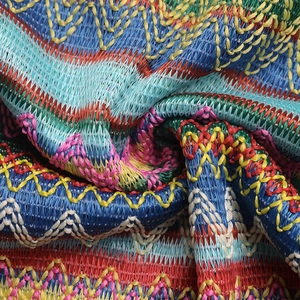 Gros plan sur un tissu en maille à motifs vagues colorés avec broderie texturée en V