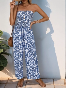 Combinaison bustier à fleurs bleues avec taille haute élastique et pantalon large