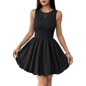 Sleeveless black mini dress featuring a ribbed knit top and puffy bubble skirt silhouette