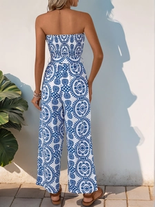 Combinaison bustier à fleurs bleues pour femmes avec buste élastique et jambe large