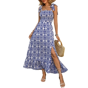 Bohemian blue and white printed maxi dress with adjustable straps and high side slit
