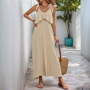 Robe Longue d'Été Dos Nu pour Femme Col en V Volants Sans Manches Abricot Décontracté Plage Vacances Robe Longue avec Bretelles à Nouer