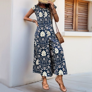Women summer floral jumpsuit with wide leg design and navy blue leaf print pattern