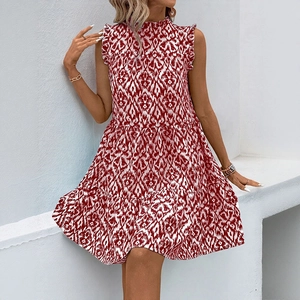 Summer sleeveless tiered mini dress with red and white geometric print and ruffled neckline