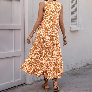 Bohemian paisley print sleeveless tiered maxi dress with V-neck and ruffled hem for summer