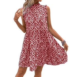 Women's sleeveless tiered mini dress with red and white geometric print and ruffled neckline