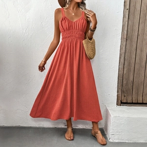 Women's V-Neck Smocked Waist Maxi Dress Sleeveless Pleated Backless Summer Vacation Beach Long Dress