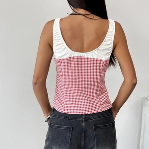 Slim fit backless gingham camisole top with contrast white shirred straps and red plaid